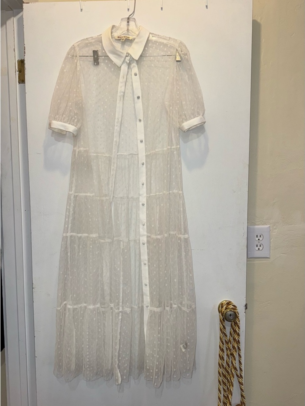 Jealous Tomato White Sheer Dot Tiered Maxi Shirt Dress